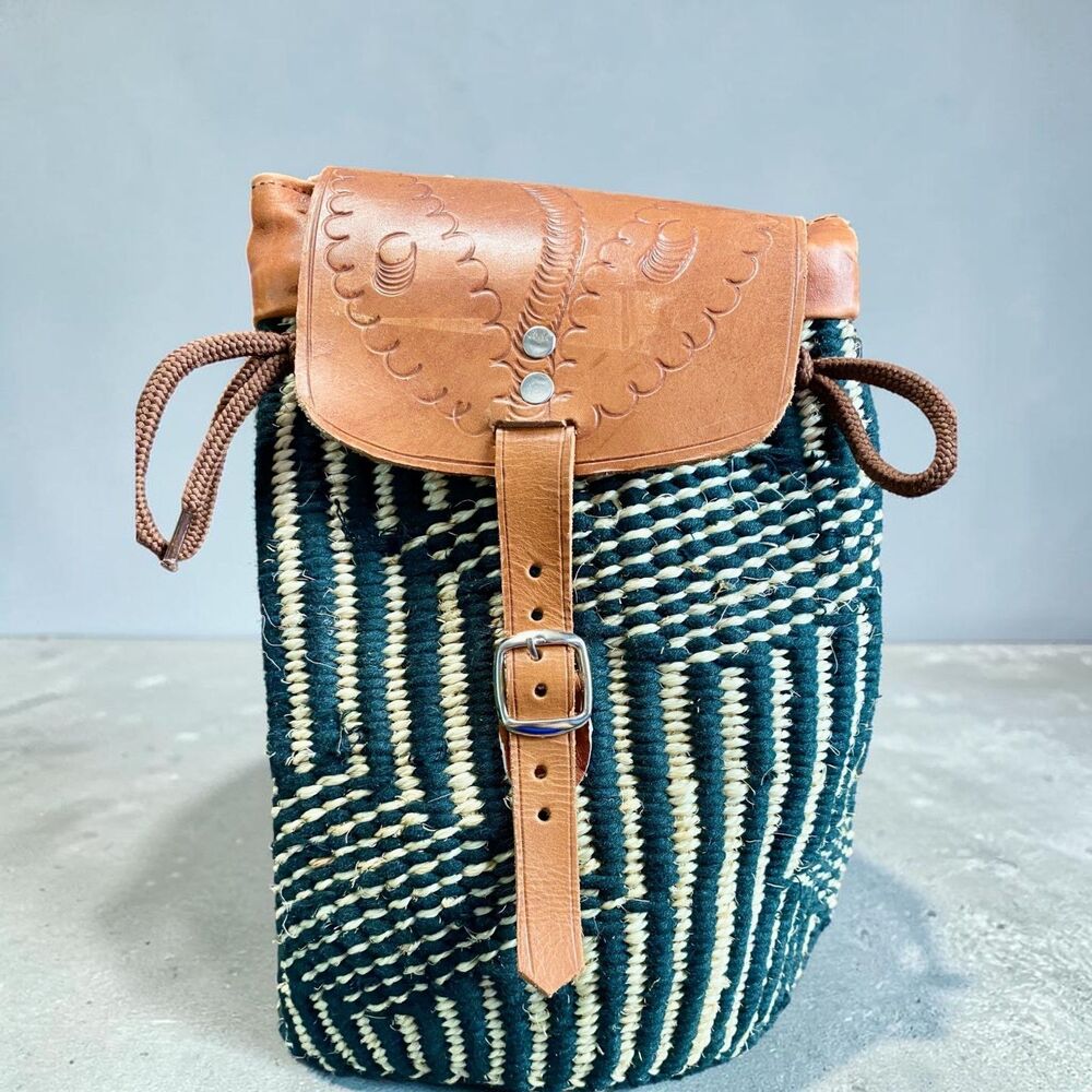 Handmade Kenya Woven Sisal Leather Backpack Black Cream Boho Festival Basket Bag